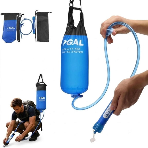 Portable Gravity Water Filter with 1 Gallon Bag, 0.1 Micron Straw Purifier, 3-in-1 Camping Filtration System for Hiking Backpacking Emergency