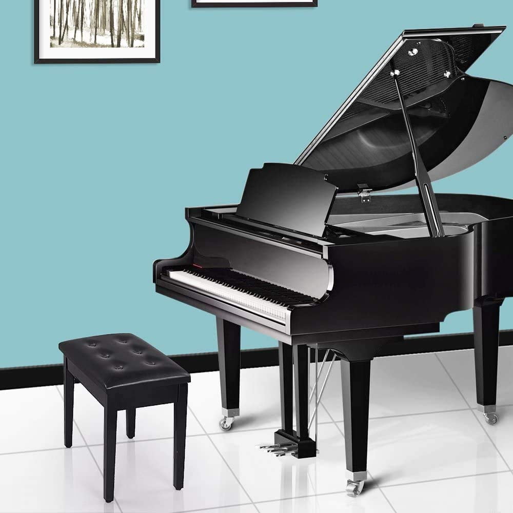 Piano Bench With Padded Cushion And Music Book Storage Compartment  Duet Wooden Seat 13.7 X 29.5 20 Inches Load 440lb Black