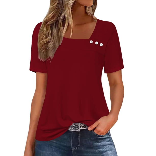 Usted Es Más Que una Camisa de Puntuación de Prueba, de Moda Casual Color Sólido Botón de Manga Corta Cuello en V para Mujeres