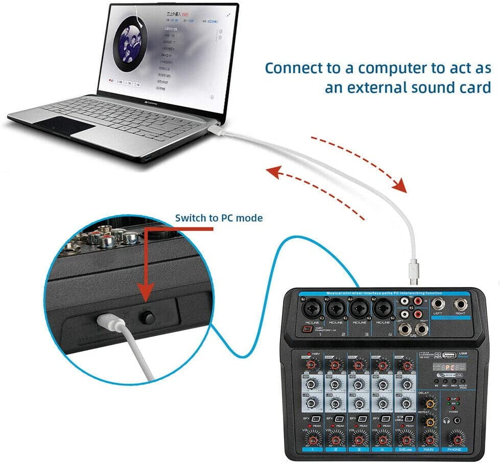 pengeoverførsel Illusion patrulje Professional Audio Mixer Sound Board Console Desk System Interface USB  Bluetooth MP3 Computer Input DJ Studio Black (6 Channel) - Walmart.com