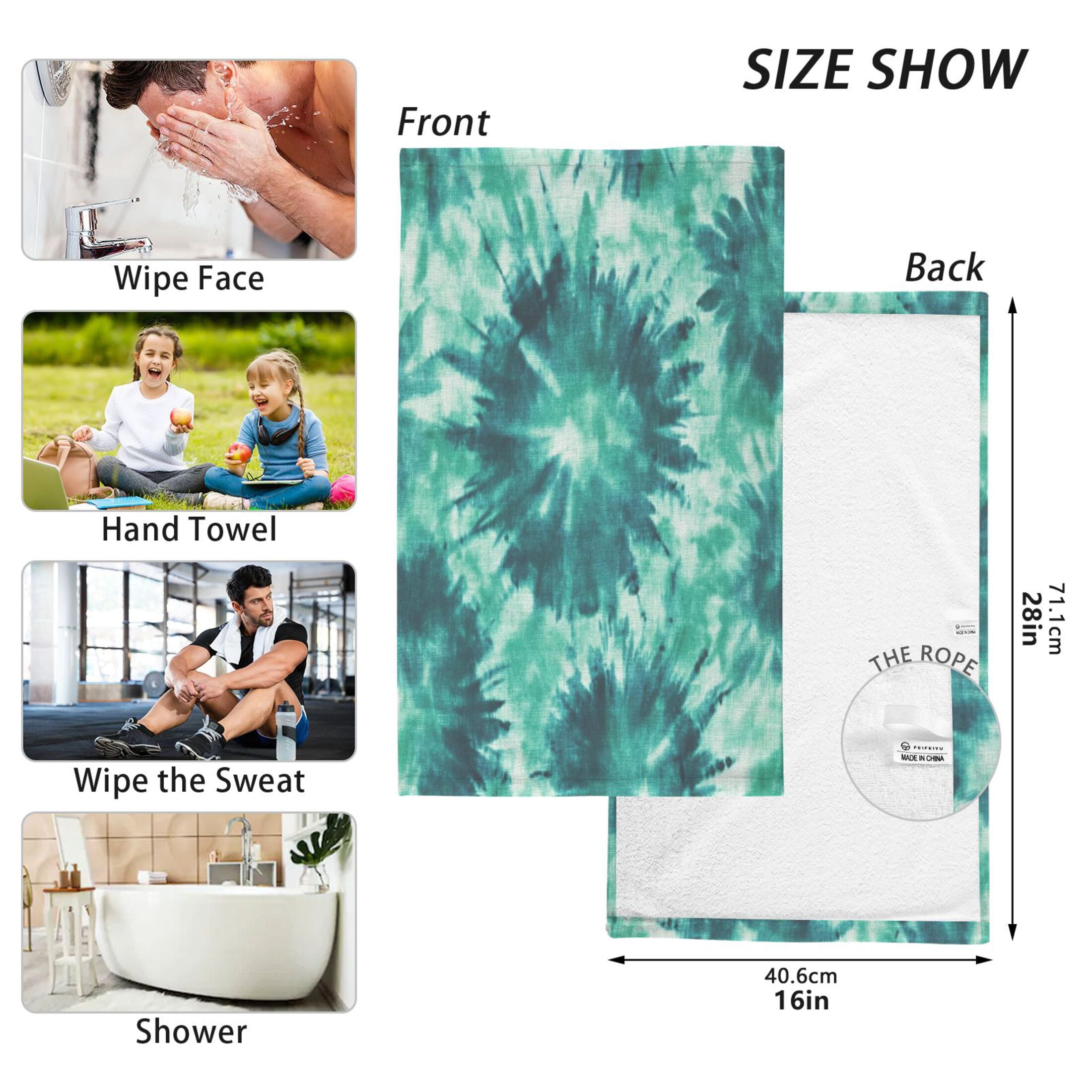 2 Pcs Absorbent Face Towel Bath Hand Towels Soft Breathable Cotton Towel Set for Bathroom Kitchen Hotel Spa Decor Dark Teal Tie-dye Pattern