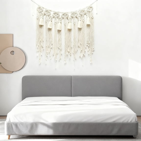 Macrame Banner Garland Bohemian Wall Hanging Decor, 31.5 x 35.4 in / 80 x 90 cm Bohemian Tapestry with Handmade Knitted Fringe, Beige Cotton for Bedroom Living Room Decoration, Wedding, Party