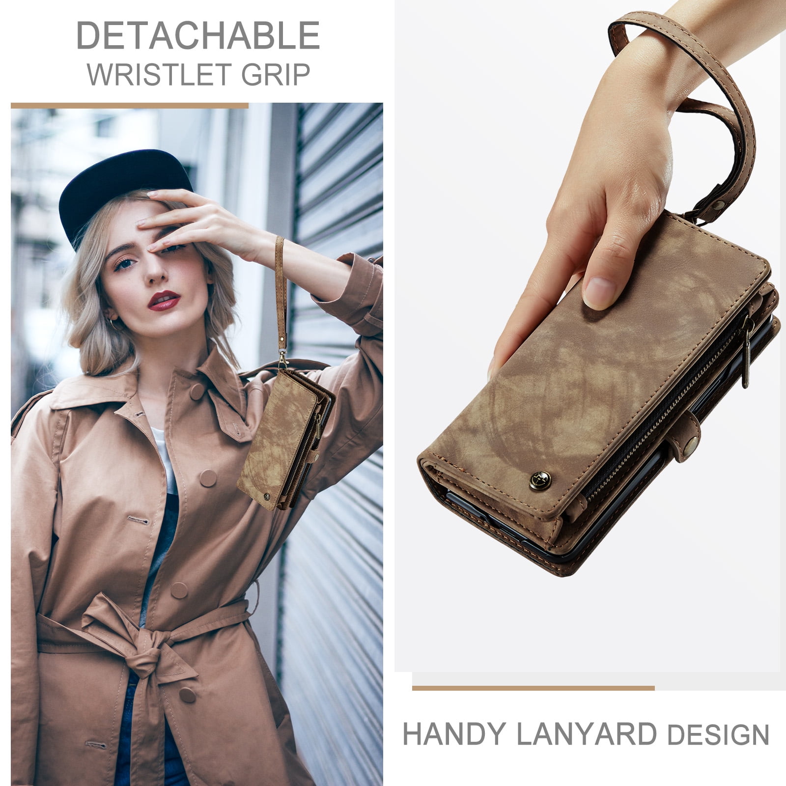 Feishell Durable 2- In-1 Magnetic Detachable Wallet Case for Samsung Galaxy Z Fold 7,for Women Men,Premium PU Leather Zipper Pocket Flip Multi Card Slots Purse Phone Case with Wrist Strap,Darkbrown