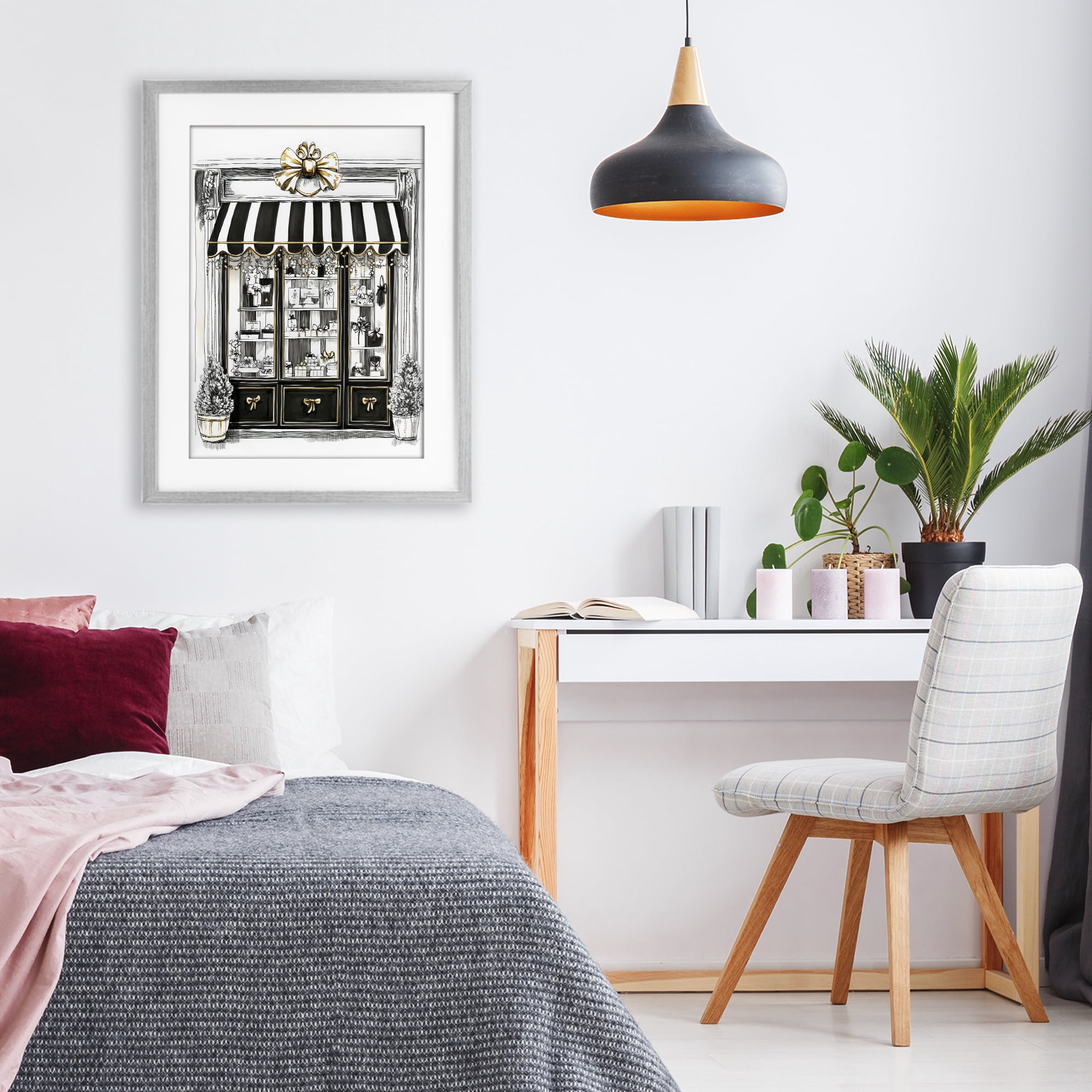 Stupell Industries Striped Paris Shop Facade Gray Framed Print Under Glass, design by Petal Prints Design