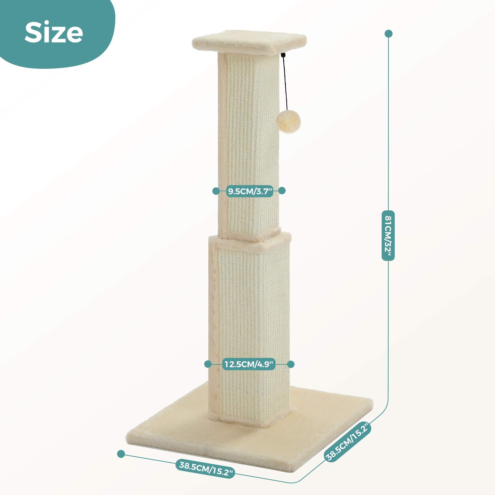 PAWZ Road 31" Natural Sisal Cat Scratching Post Indoor Cat Scratcher with Plush Large Base, Beige