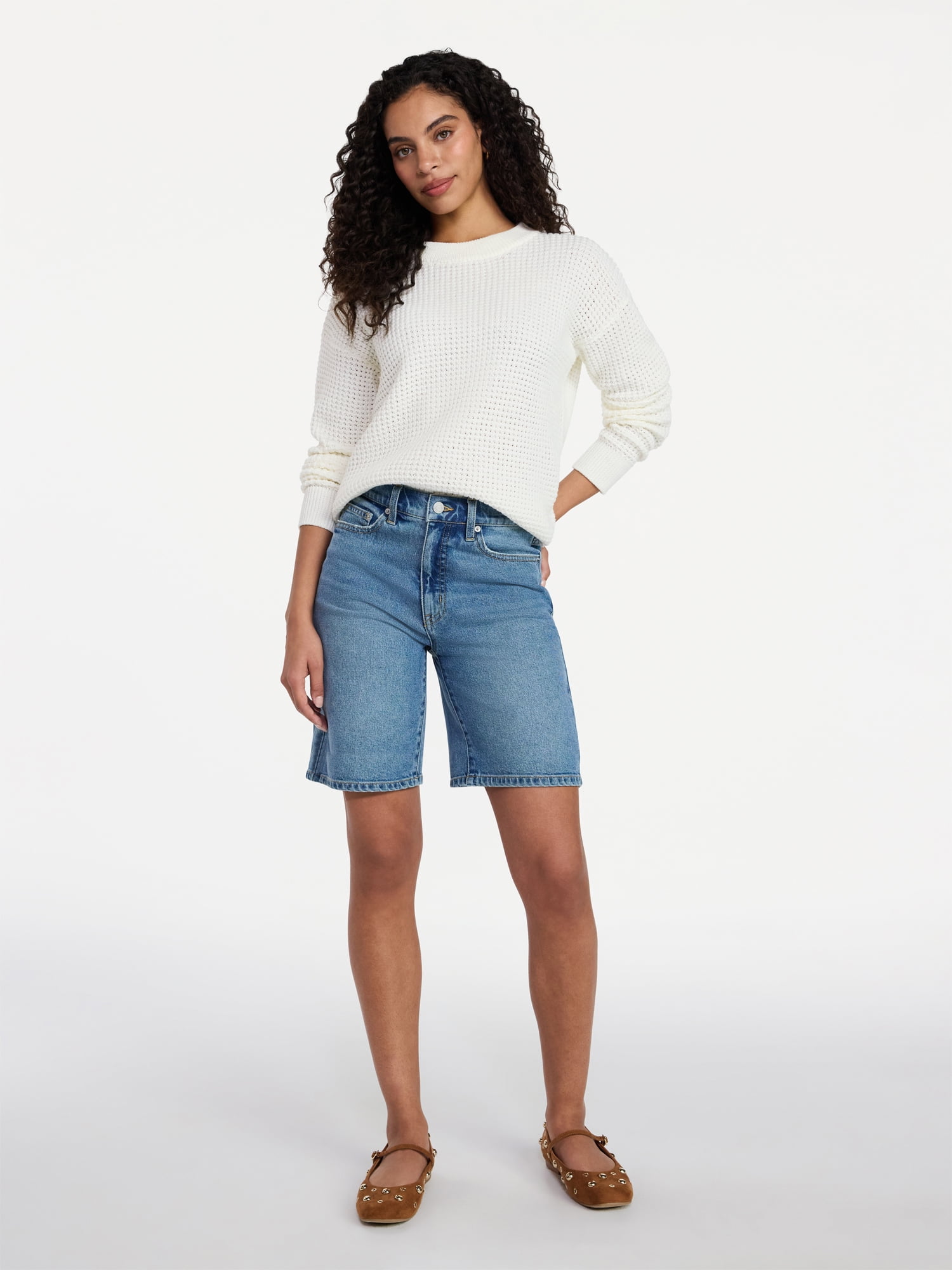 Time and Tru Women's Waffle Stitch Sweater with Long Sleeves, Sizes XS-XXXL
