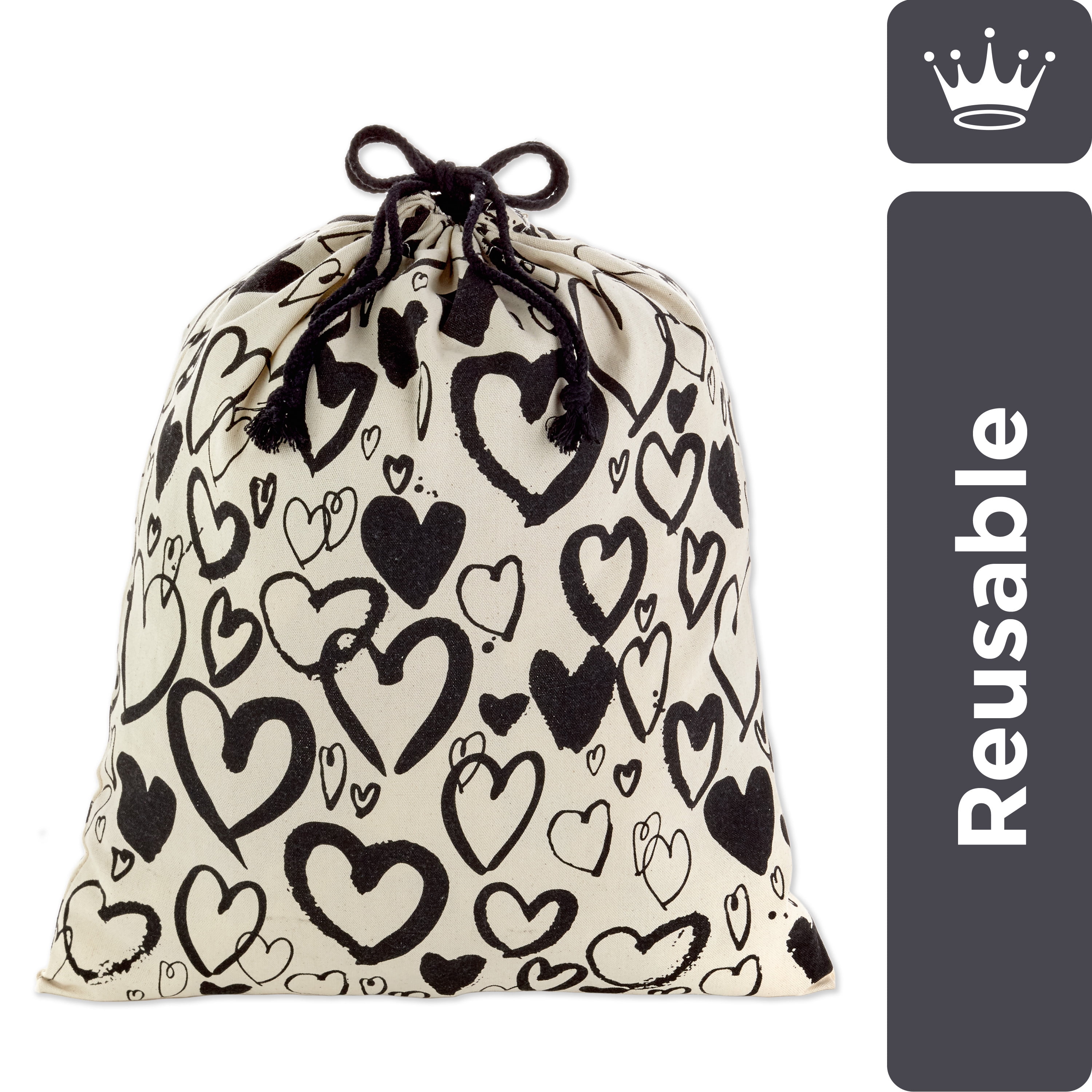 Hallmark 20' Extra Large Canvas Bag with Drawstring (Ivory with Black Hearts) for Valentines Day, Weddings, Bridal Showers, Anniversary and More