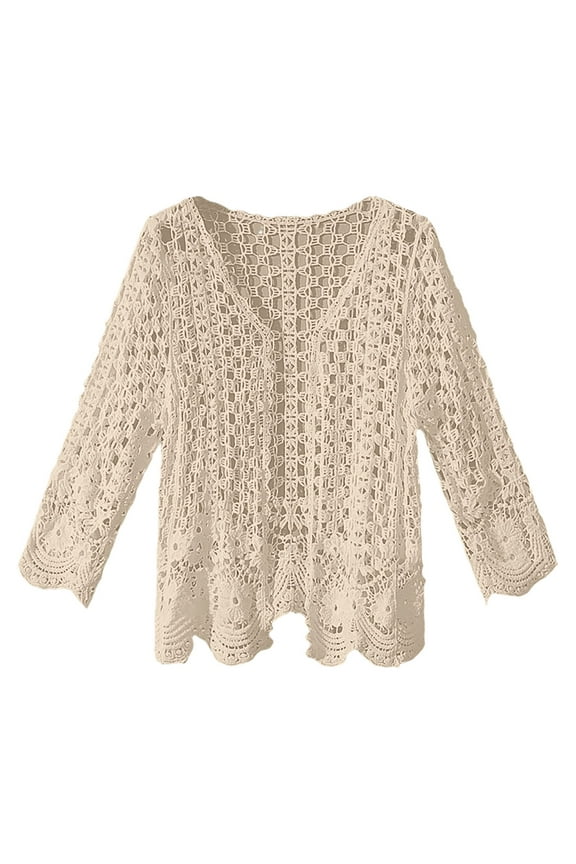 Women's Summer Long Sleeve Cardigan Hollow Out Crochet Knit Floral Cover Up Open Front Scalloped Mesh Beach Coat Lightweight Breathable