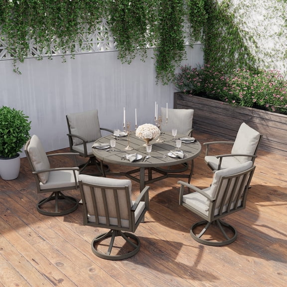 HAPPATIO Patio Dining Set, Aluminum Round Outdoor Dining Set for 6, 52" Round Table with Umbrella Hole and 6 Swivel Chairs, Outdoor Table and Chairs with Removable Cushion for Lawn Yard Patio