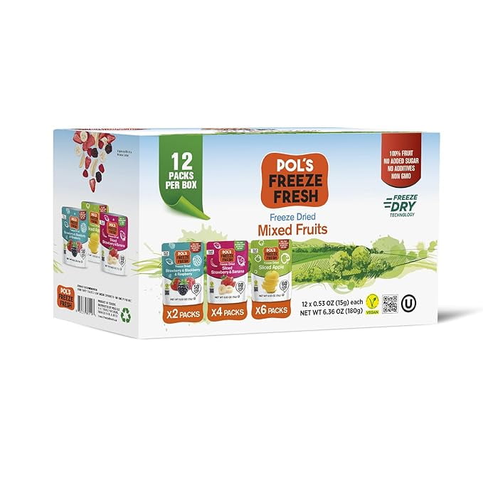 Pol’s Freeze Fresh Premium Freeze Dried Strawberries,Apple,Banana,Raspberries,Blackberries|Non-GMO,Kosher,Vegan,Gluten-Free,No Additives,No Added Sugar| 6x Apple,4x Strawberry-Banana,2x Berry Mix