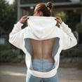 thumbnail image 2 of felwors Oversized Hollow Mesh Back Hoodie for Women - Crystal-Embellished Casual Pullover Long Sleeve Sweatshirt With Pocket(White, XS), 2 of 8