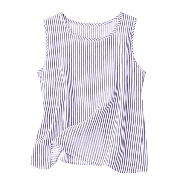 Camisas Y Tops de Verano de Mujer Cuello Redondo Camisa sin Mangas de Rayas Tela Cómoda Casual para Citas, Ocasional, Fiesta, Playa, Trabajo