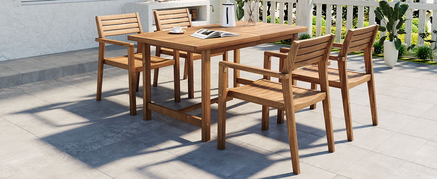 Mintazer 59" 5-Piece Outdoor Dining Set with Chairs & Umbrella Hole, Patio Furniture Set for Garden Backyard Poolside, Natural Brown