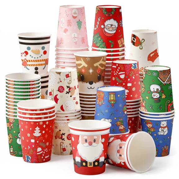 Christmas Paper Cups - 120Pcs Disposable Paper Coffee/Tea Cups, Santa Claus, Reindeer, Snowman, Christmas Event Drinking Cups for Everyday Use & Christmas Parties