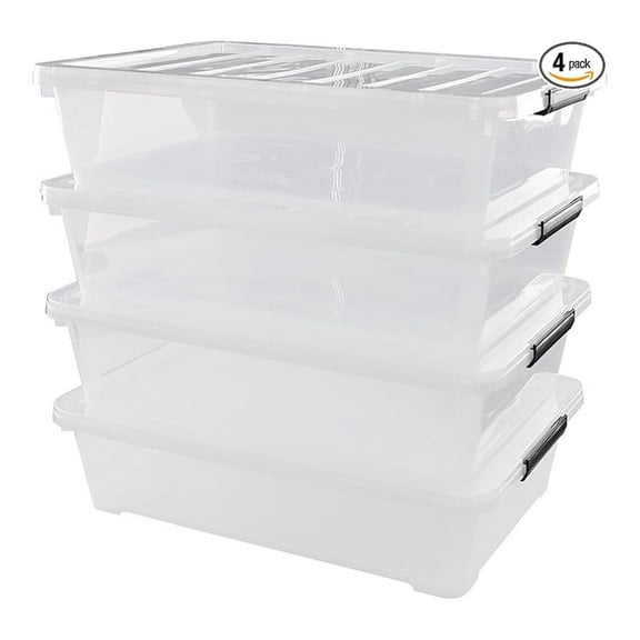 Under Bed Storage Boxes with Wheels - 40 Quart Plastic Tote Bins Set of 4 - Large Shallow Containers for Clothes, Blankets, Shoes - Clear Lids