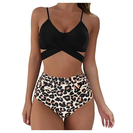 Women s 2 Piece High Waisted Swimsuits Leopard Print Bikini Sets Spaghetti Strap V Neck Hollow Out Bathing Suits Black XL
