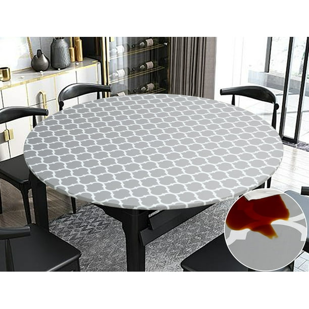 Rally Home Goods Indoor Outdoor Patio Round Fitted Vinyl Tablecloth Flannel Backing Elastic Edge Waterproof Wipeable Plastic Cover Gray Arabic Trellis Pattern For 10 Seater 57 72 Diam 60 70 Com Rally Home Goods Indoor Outdoor Patio, 60 Inch Round Plastic Tablecloths With Elastic