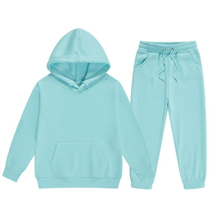 

Zhuashum Girl Clothes 3-4 Years Long Sleeve Sweatsuit Round Neck Solid Color Warm Hoodie Pullover Tops Pants Kids Outfits Classic Outfits Blue