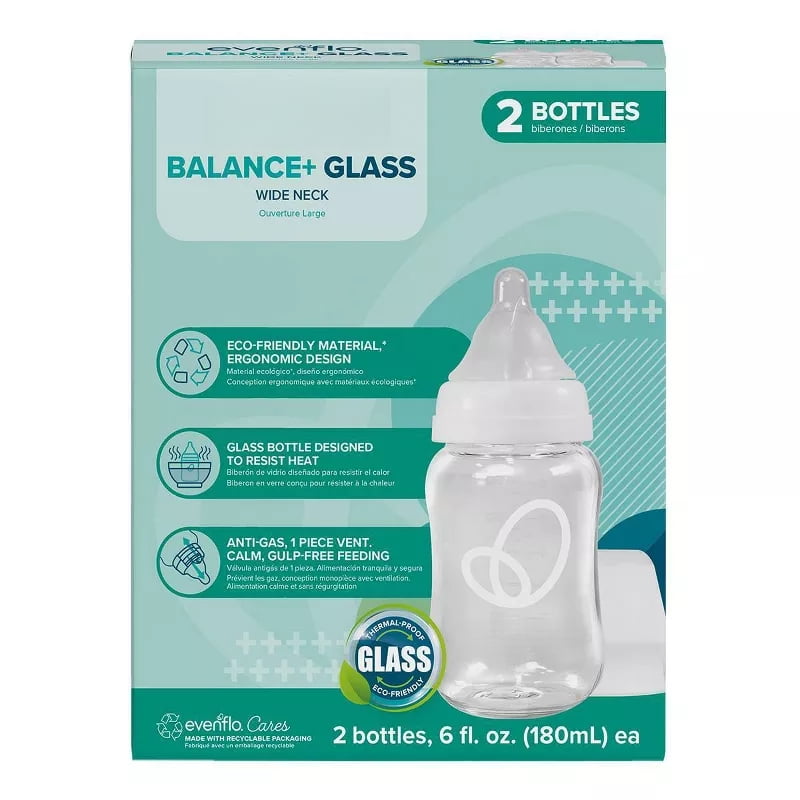 Wide Neck Anti-Colic Glass Baby Bottles, Clear, 6 fl oz, 2 Pack, BPA-Free and Phthalate-Free with Silicone Nipples, Baby Feeding Bottles for Newborns and Infants