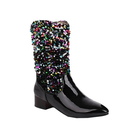 

Tepsmf Mid Calf Womens Winter Boots Autumn And Winter Sequins Stitching Patent Leather Pointed Toe Boots Flat Boots