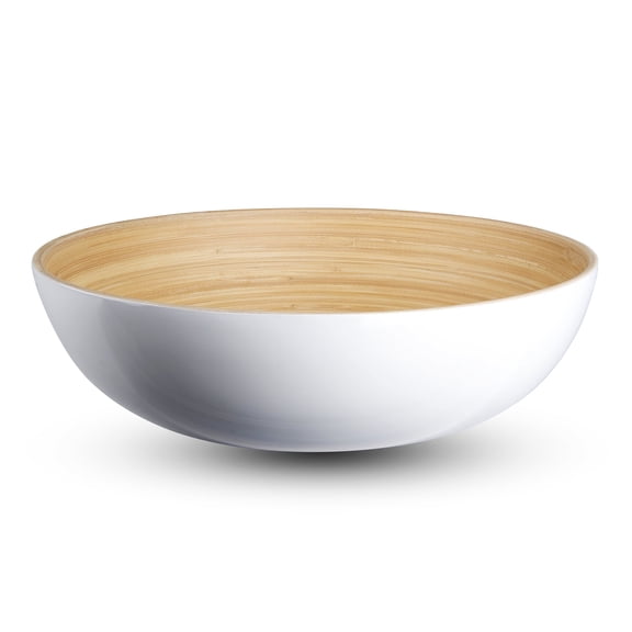 LEXA 12" Handmade Bamboo Salad Bowl – 130 oz Large Wooden Fruit Bowl for Kitchen Counter, White