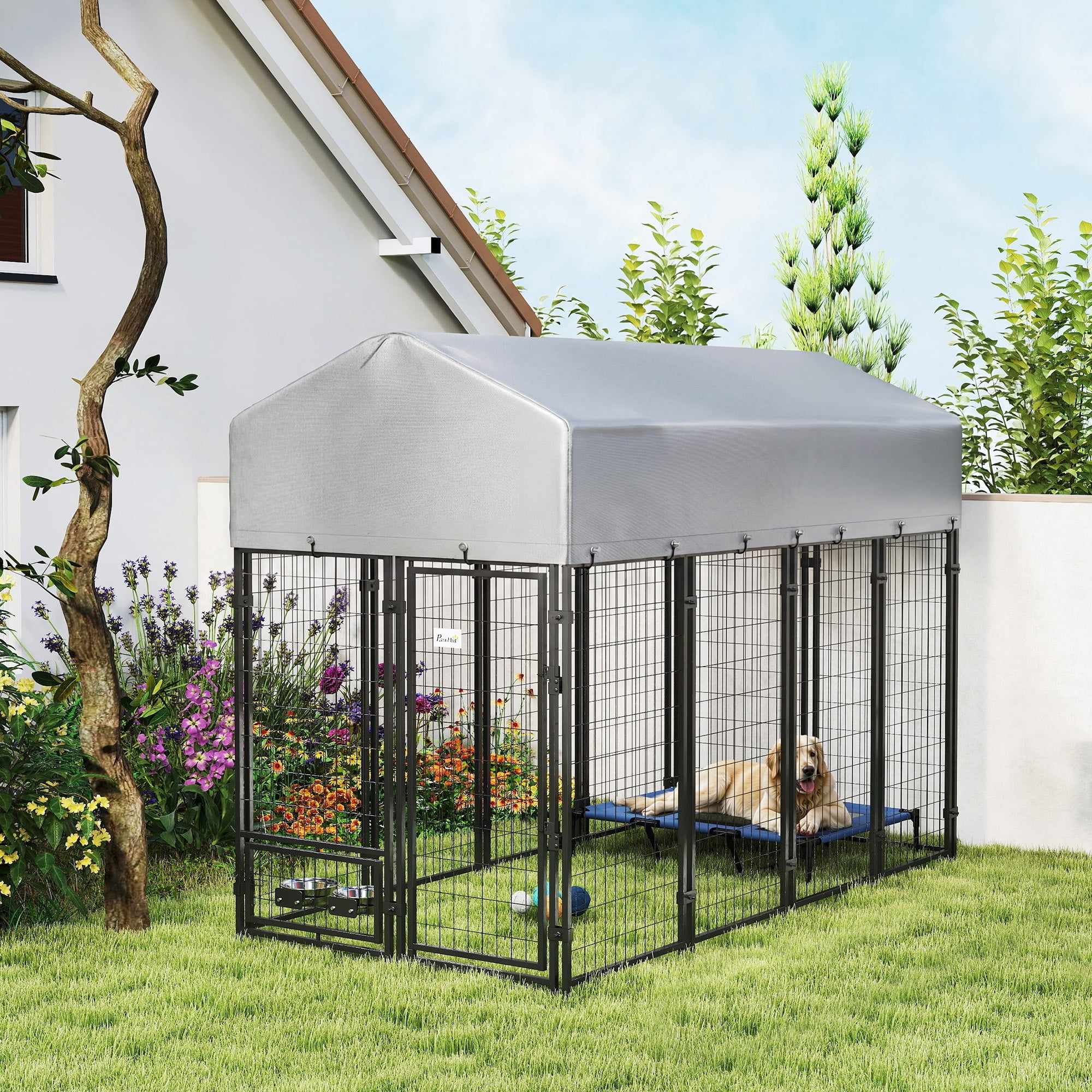 PawHut Outdoor Dog Kennel with Rotating Bowl Holders, Dog Playpen Fence with Waterproof Cover, 8' x 4' x 6', Silver