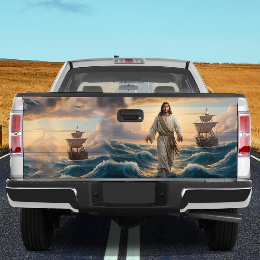 Jesus Walking on Water Tailgate Wrap – Christian Faith Ocean Scene Truck Tailgate Decal, Inspirational Bible Art Rear Gate Vinyl Wrap