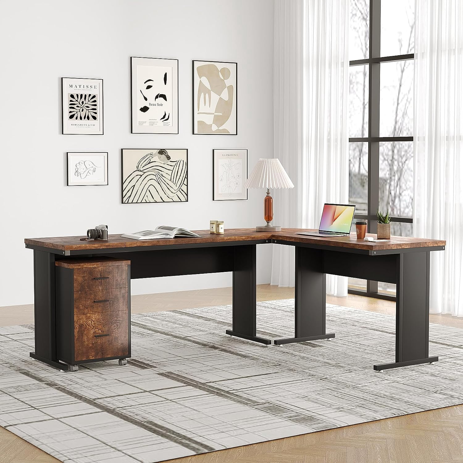Tribesigns 83" L-Shaped Executive Desk, Large Office Desk with 3-Drawer Mobile File Cabinet, Industrial Corner Computer Desk with Storage Drawers for Home Office, Rustic Brown