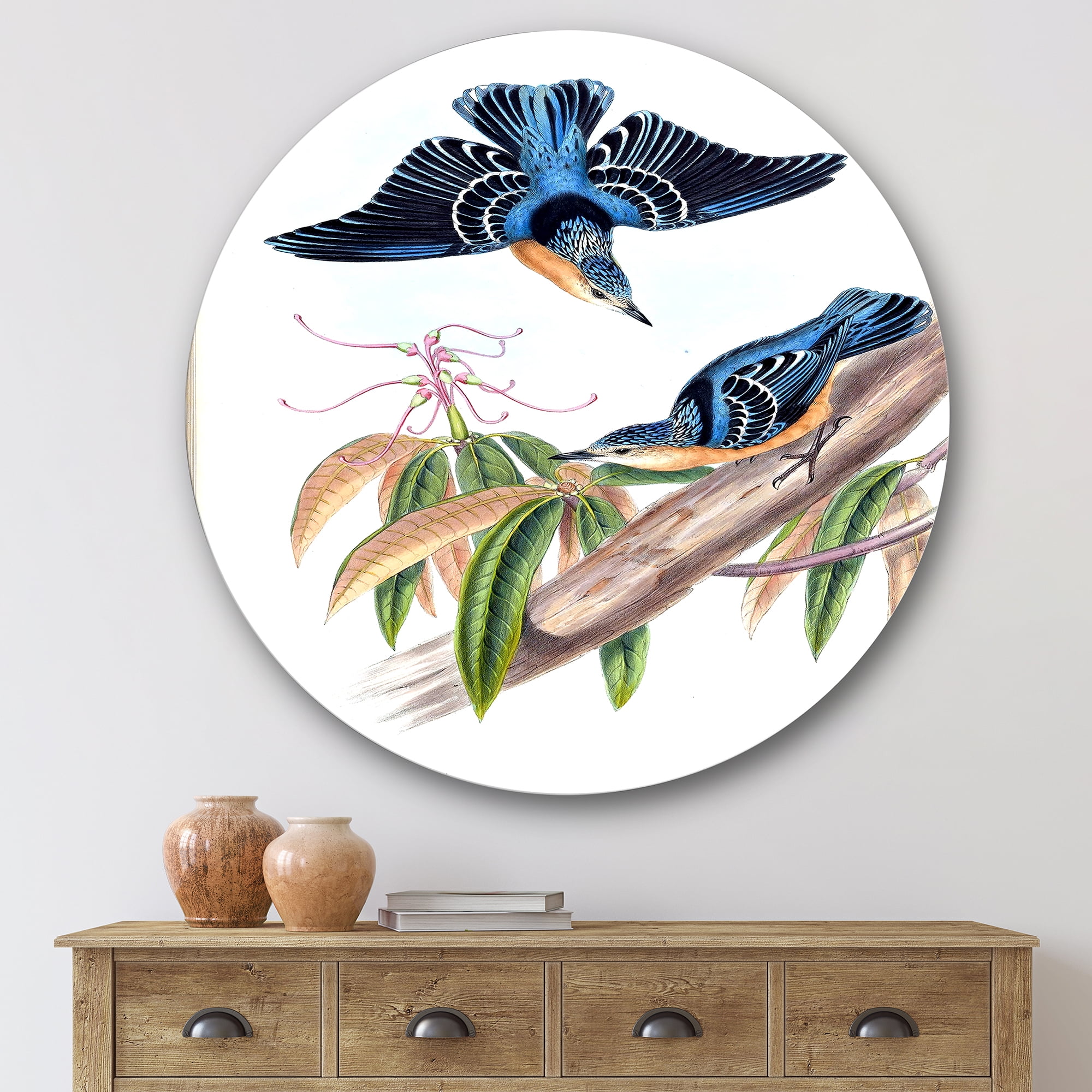 Designart 'Vintage Countryside Birds On Branch V' Farmhouse Circle Metal Wall Art 29x29 - Disc of 29