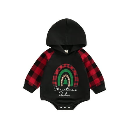 

Qtinghua Newborn Baby Boy Girl Christmas Romper Long Sleeve Hooded Plaids Letter Print Bodysuit Fall Clothes Black Red 3-6 Months