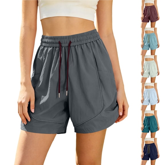 Women's High Waisted Nylon Dry Shorts with Side Pockets, Elastic Drawstring Waist, Tummy Control Workout Shorts for Women, Quick Dry for Running, Gym, Hiking & Casual | TruHer,Dark Blue L