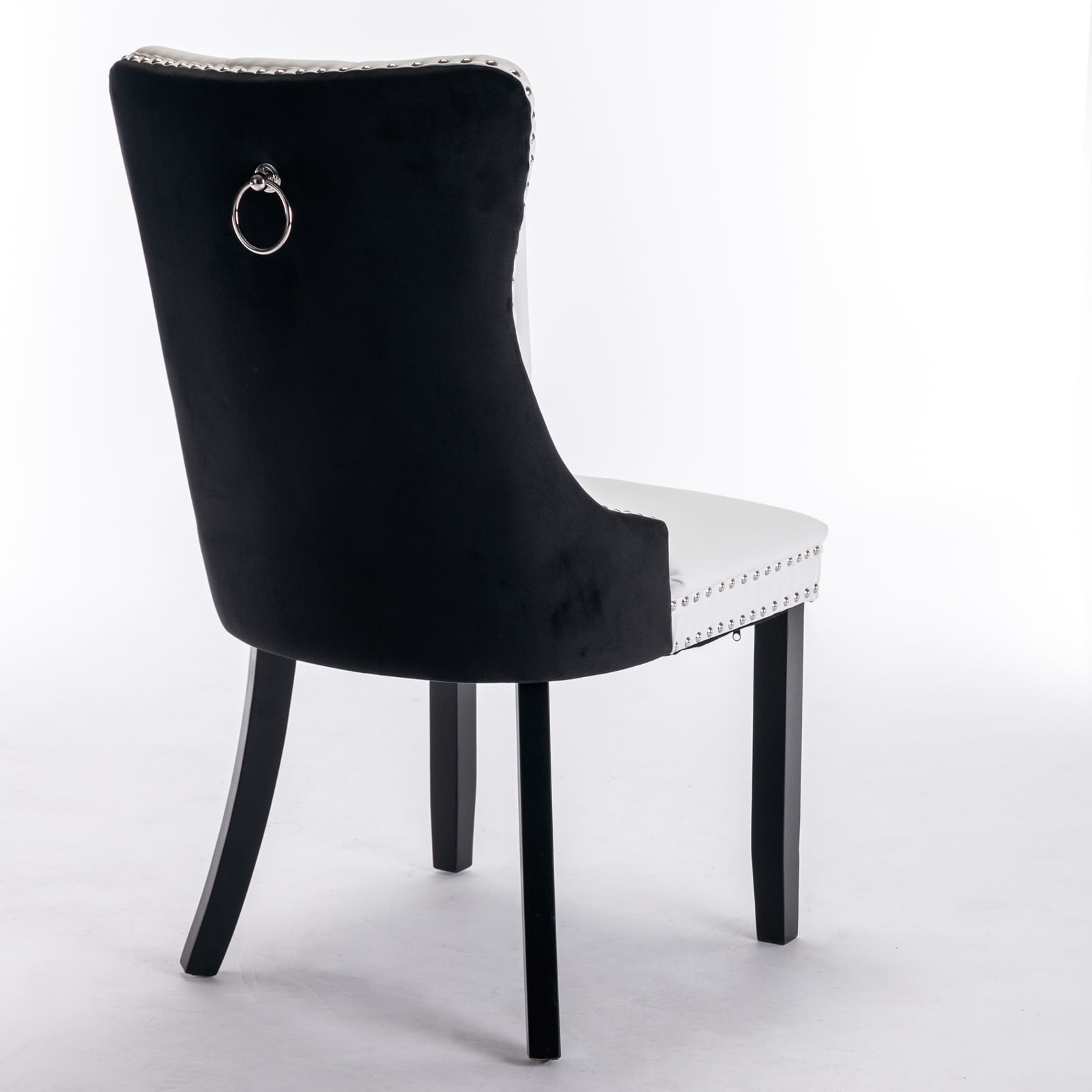 Elegant Button Tufted Dining Chairs, High-end PU and Velvet Upholstered Dining Chairs with Nailhead Back and Ring Pull Trim, Solid Wood Dining Chairs for Dining Room (White+Black with PU,Set of 2)