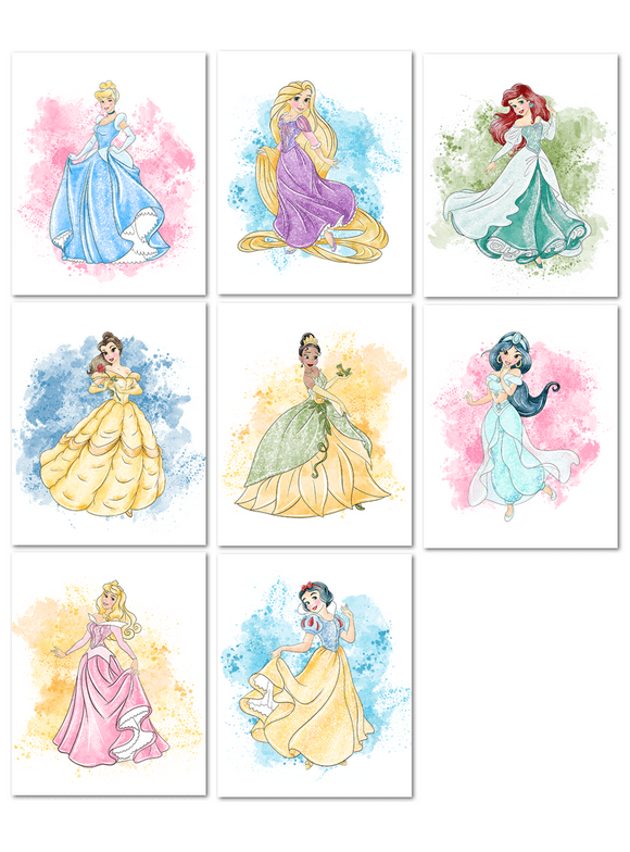 Nistio Disney Princess Watercolor Prints, Princess Wall Art Posters, Set of 8, Girls Bedroom Poster, Princess Playroom Decor, Nursery Prints, Unframed, 8x10"