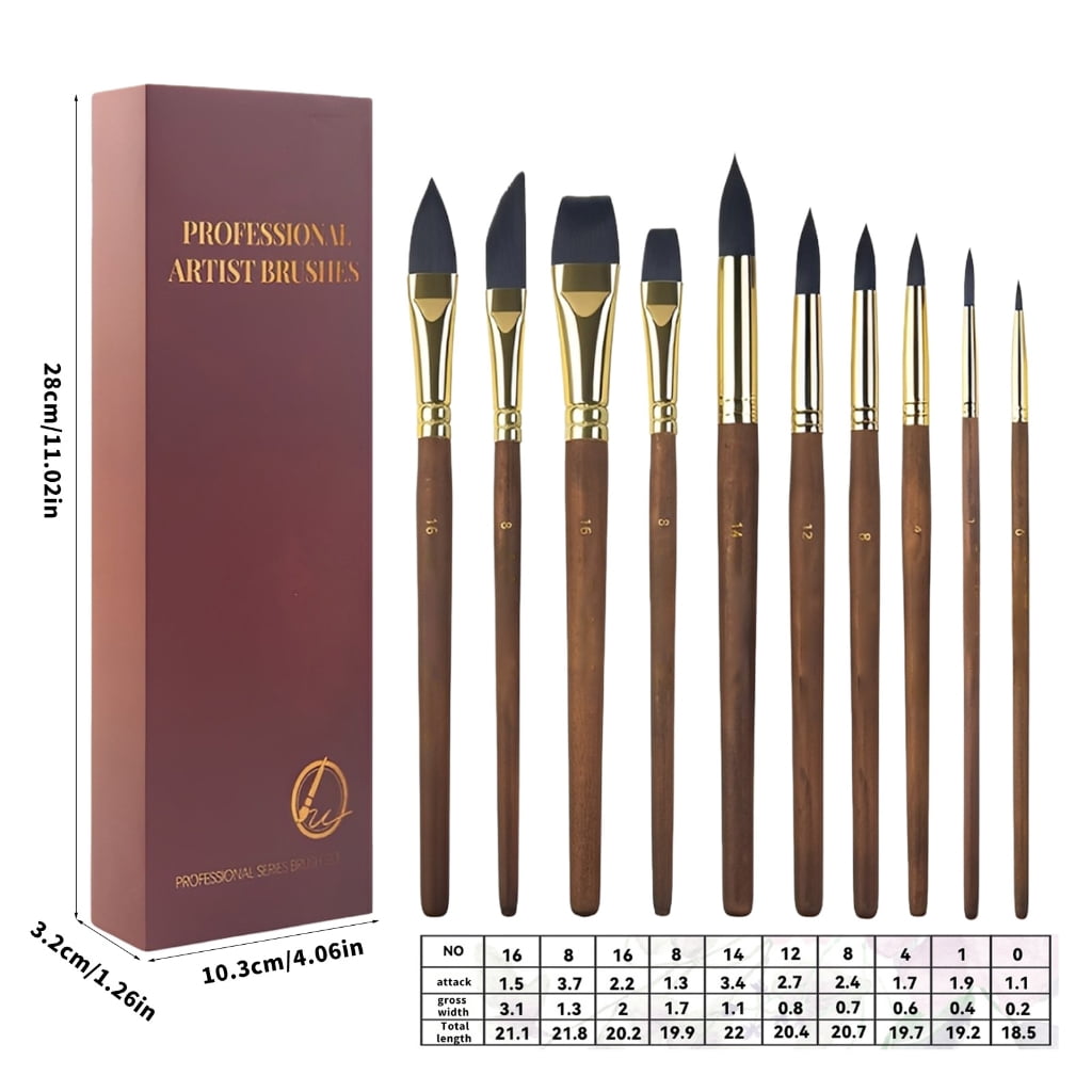 10Pcs Wooden Handle Watercolor Brush Synthetic Bristles Paint Brushes for Artist