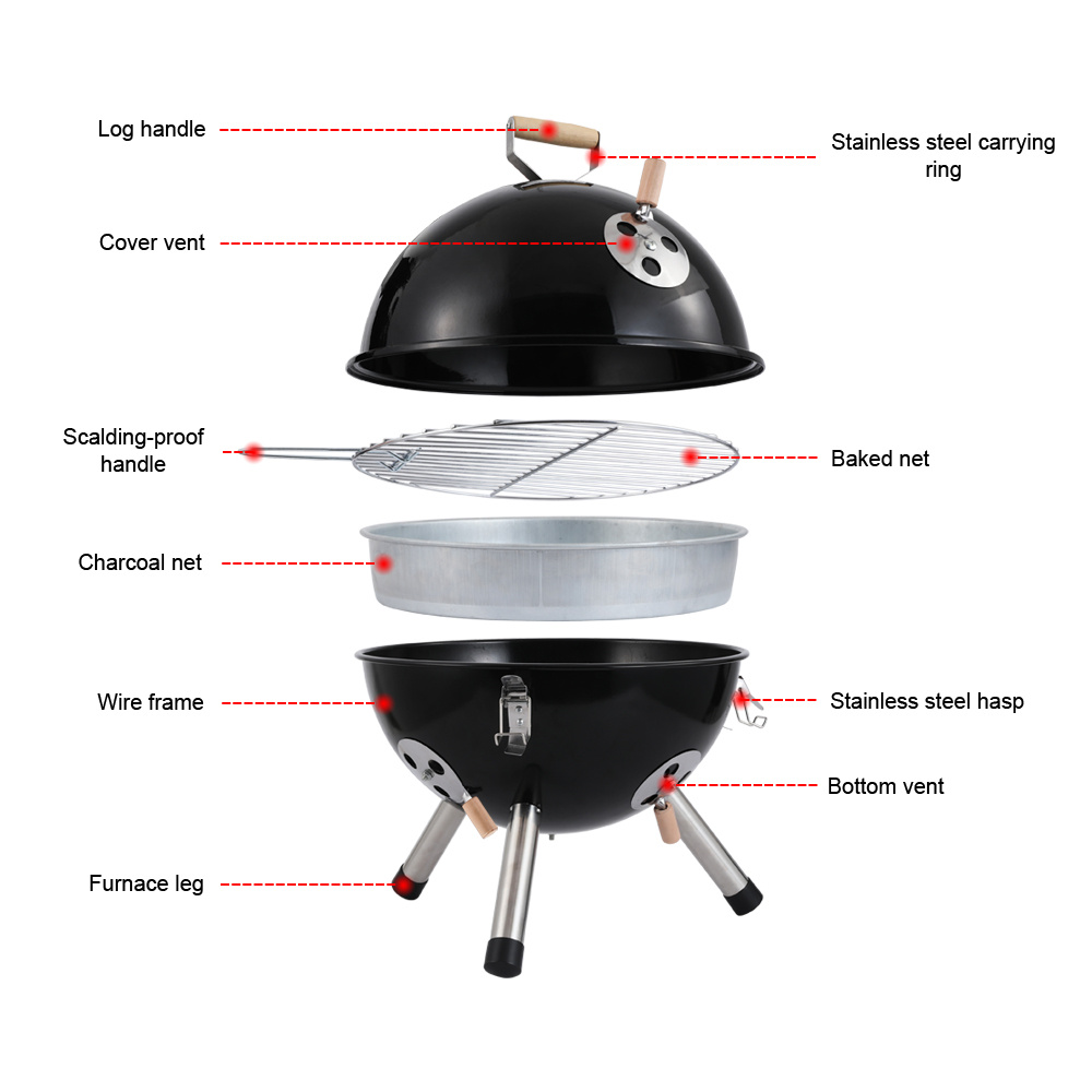 Small BBQ Grill, SEGMART Outdoor Charcoal Grill, Stainless Steel Portable BBQ Grill, Small Charcoal Grill with Vent/Charcoal Bowl, Small Grill Charcoal for Outdoor Cooking, Black,12" Dia x 10" H,H2138 - image 5 of 15
