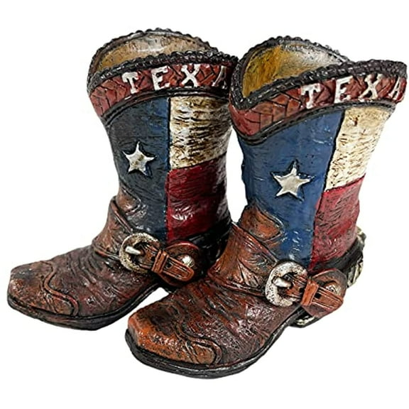 Urbalabs Western Cowboy Boot Texas Flag Toothpick Holder Vase Distressed Decorative Cowboy Boots with Spurs Home Office Rustic Decor Country Living Pen Holder for Desk