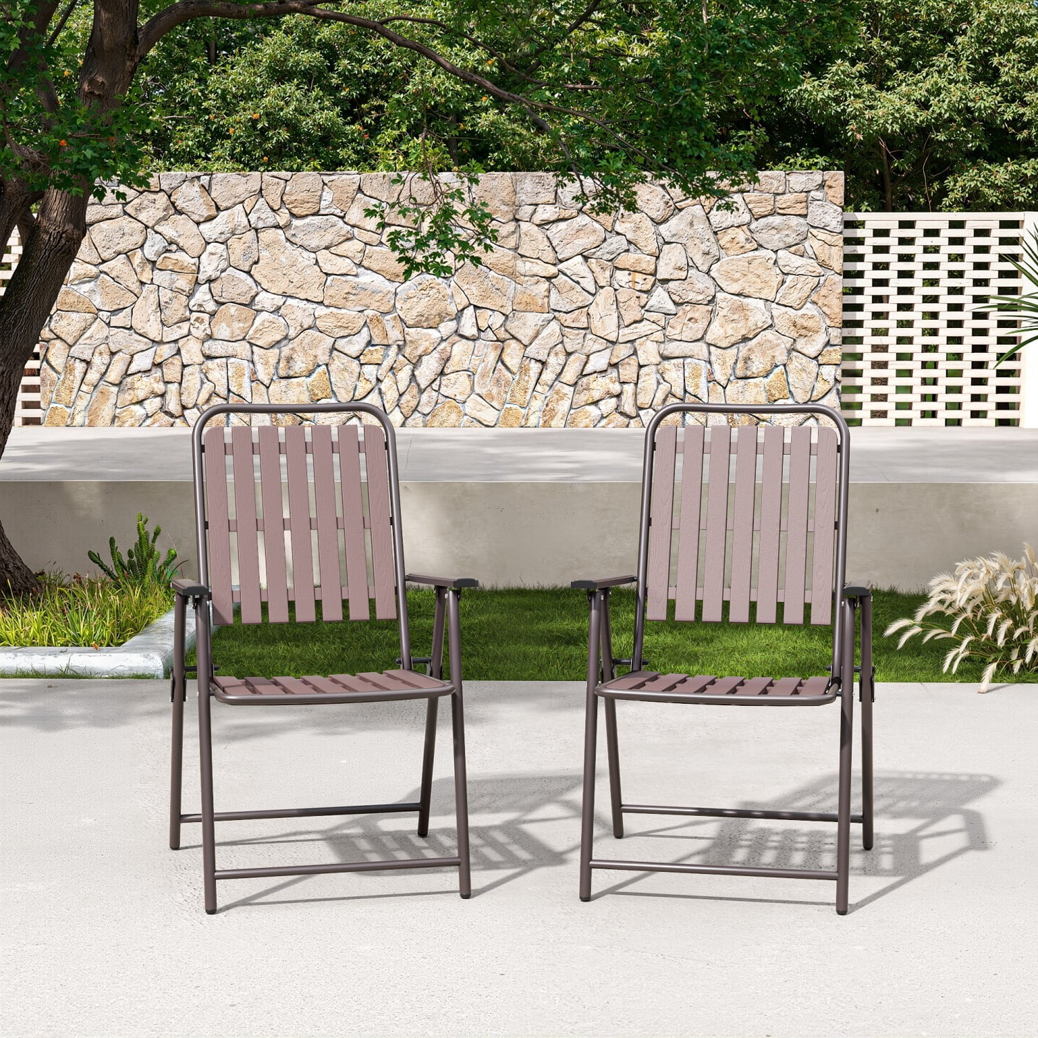 Folding Chairs Set of 2, 350 lb Capacity Outdoor Chairs with Powder-Coated Metal Frame & WPC Slatted Seat, No Assembly, Antique brown