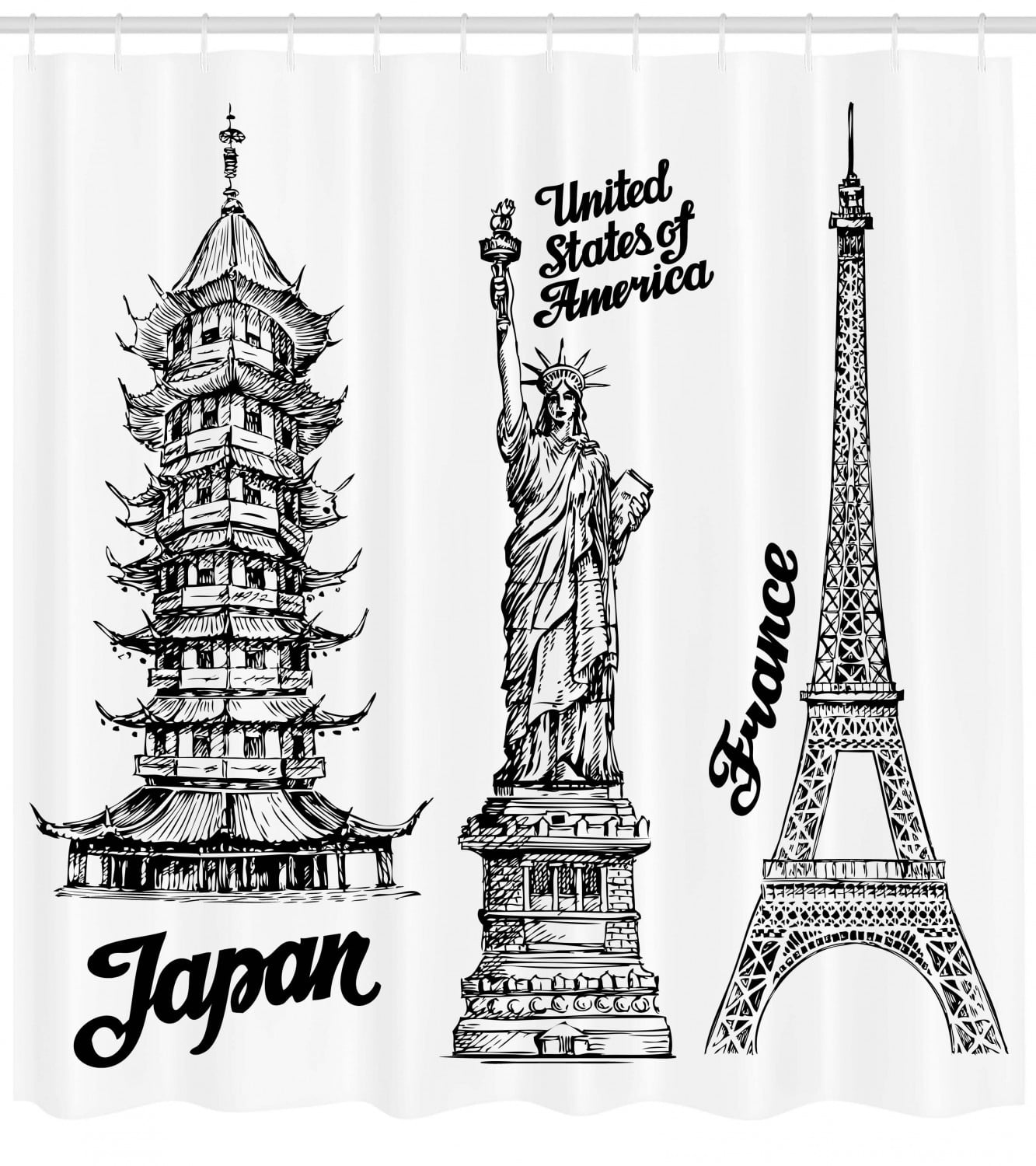 Eiffel Tower Shower Curtain Famous Monuments Statue Of Liberty