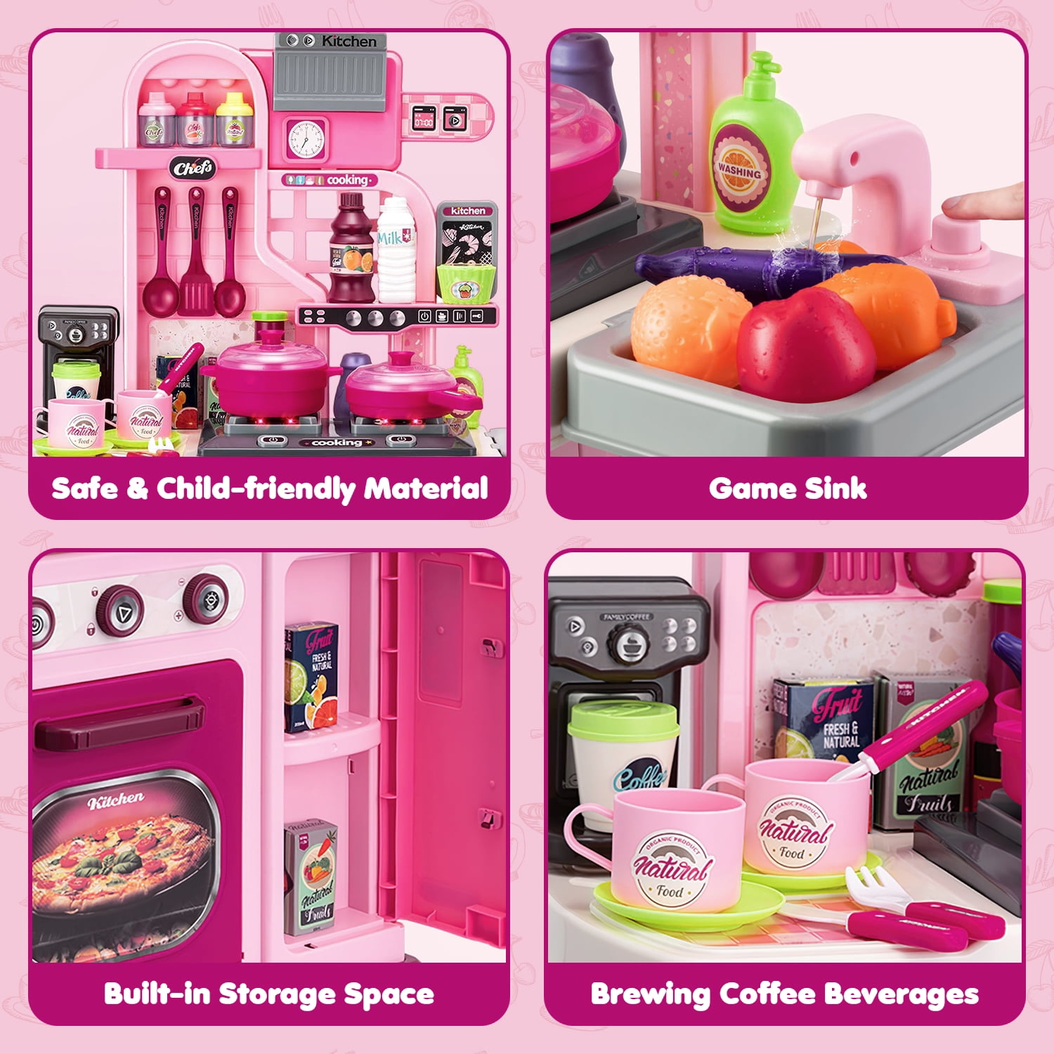 Hot Bee 34 inch Play Kitchen Toy Sets for Girls, Cooking Stove, Play Sink, Oven w/ Realistic Lights&Sounds, Birthday Christmas Toys Gift for Toddlers Girls Boys 3 4 5 6+