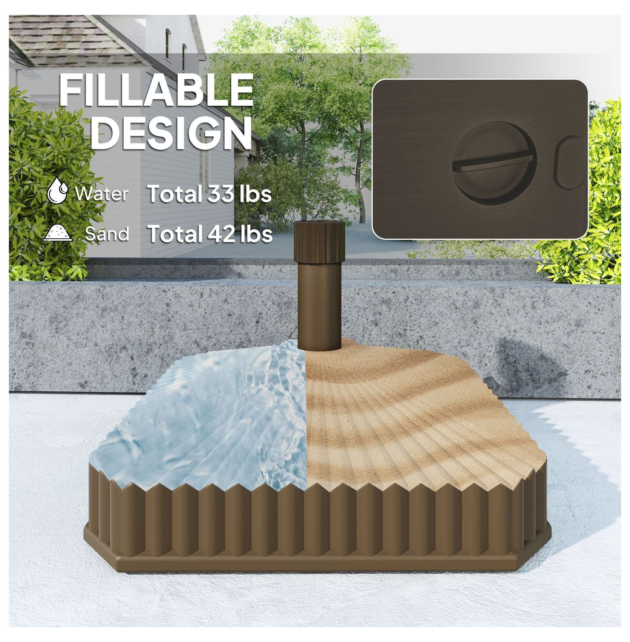 Patio Umbrella Base, Heavy Duty Outdoor Stand - 42lbs Sand/33lbs Water Fill - Garden, Pool, Deck - Brown