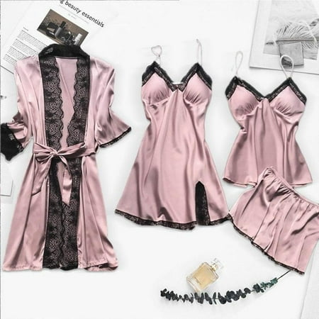 

4PC Silk Robe Sleep Set for Women- Lace Satin Pajamas