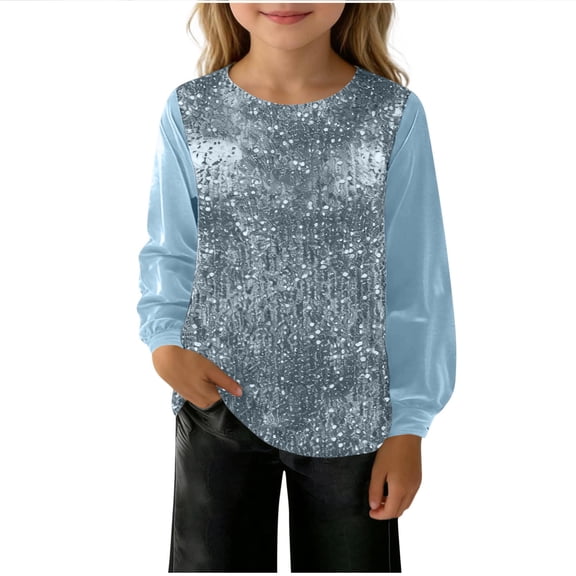 Girls' Velour Sequin Top (5-14Y) - Long Sleeve Crew Neck Sparkly Blouse Cute Casual Shirt for Party