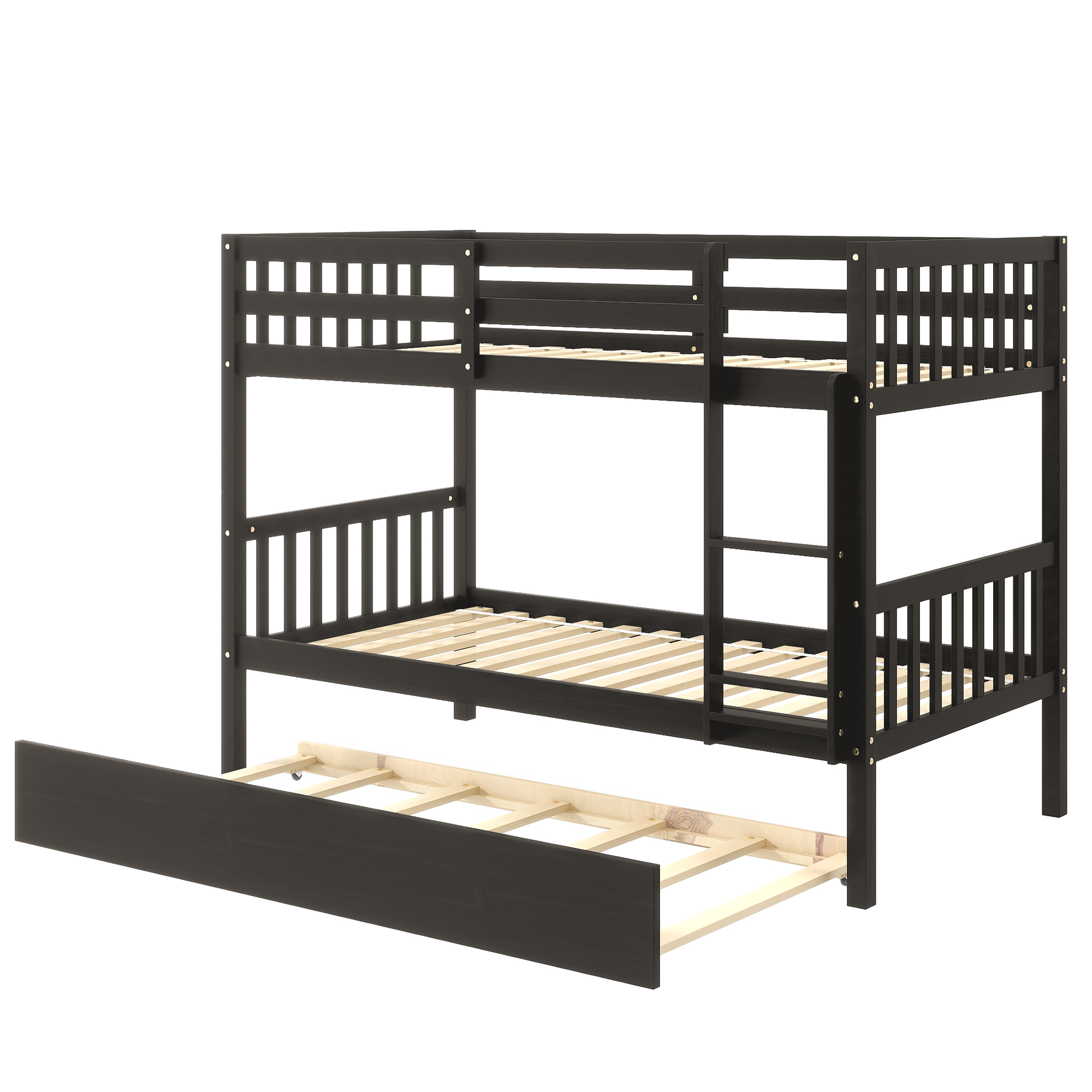 Aukfa Twin over Twin Bunk Bed with Trundle, Wooden Bunk Bed Frame for Kids - Espresso
