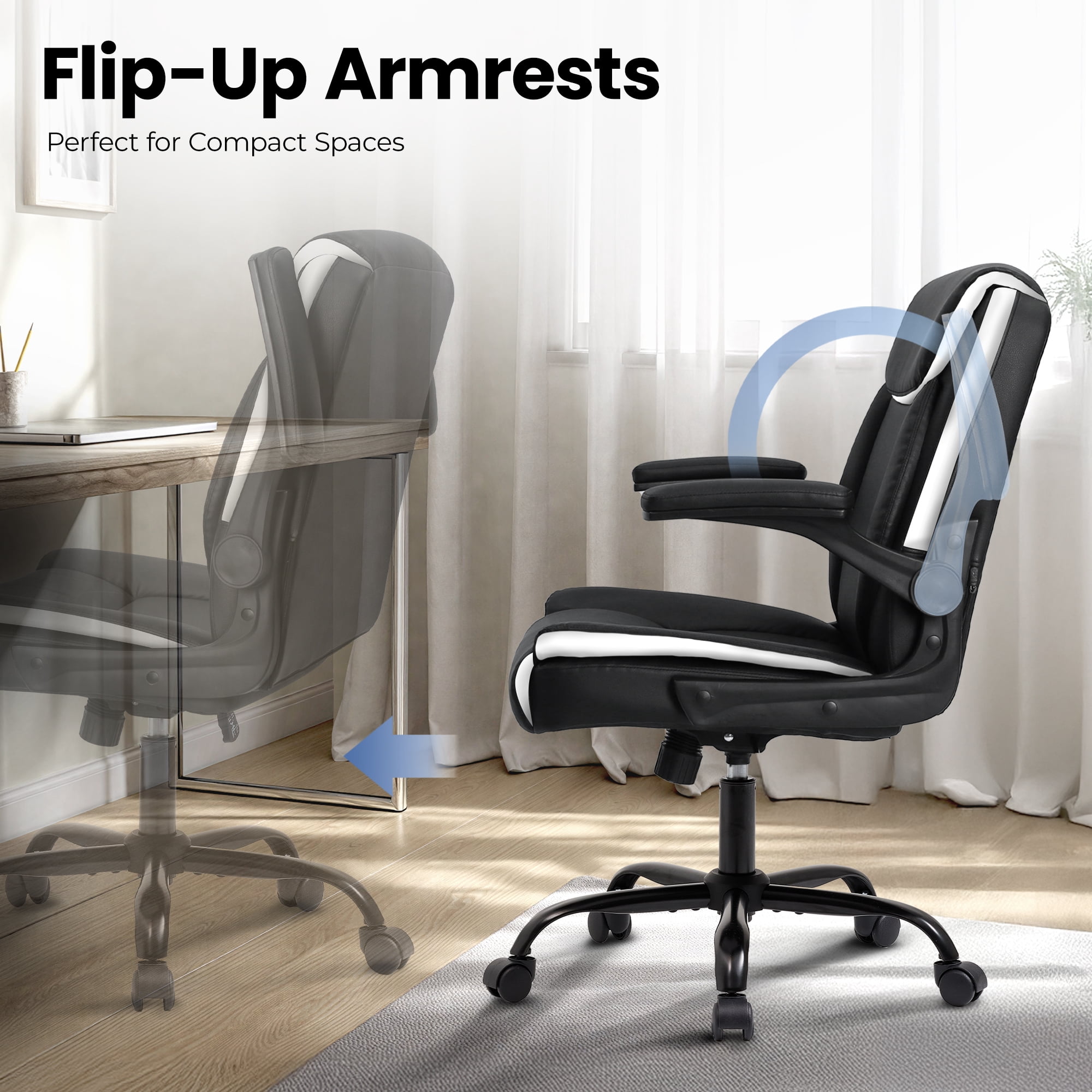 CELTOSS Leather Office Chair, Ergonomic Executive Chair with Padded Flip-Up Armrests, Mid-Back PU Computer Desk Chair, Black