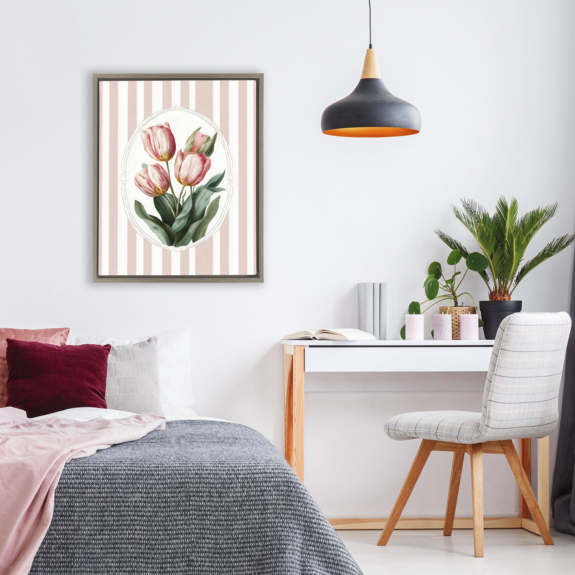 Stupell Industries Vintage Tulips on Stripes Brown Framed Floater Canvas Wall Art, design by Ink Drop Loft