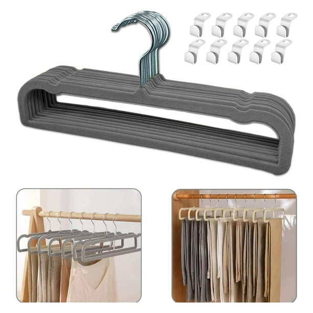 Ganchos WJWSKI de terciopelo antideslizante para pantalones, 20 unidades, gris y plateado
