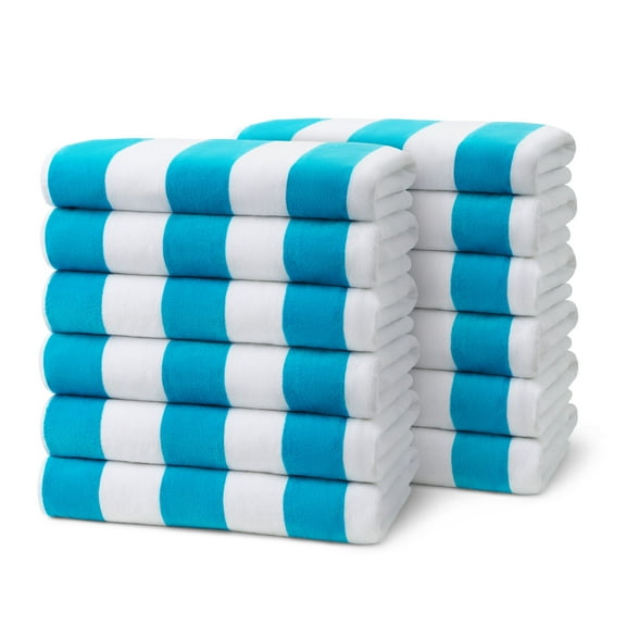 Ben Kaufman Joey Velour Striped Towel - Oversized & Absorbent Striped Beach Towels - Colorful Yarn Dye Stripe Cotton Towel for Swimming & More - Lightweight & Soft Swim Towels - Turquoise, 12 Pack