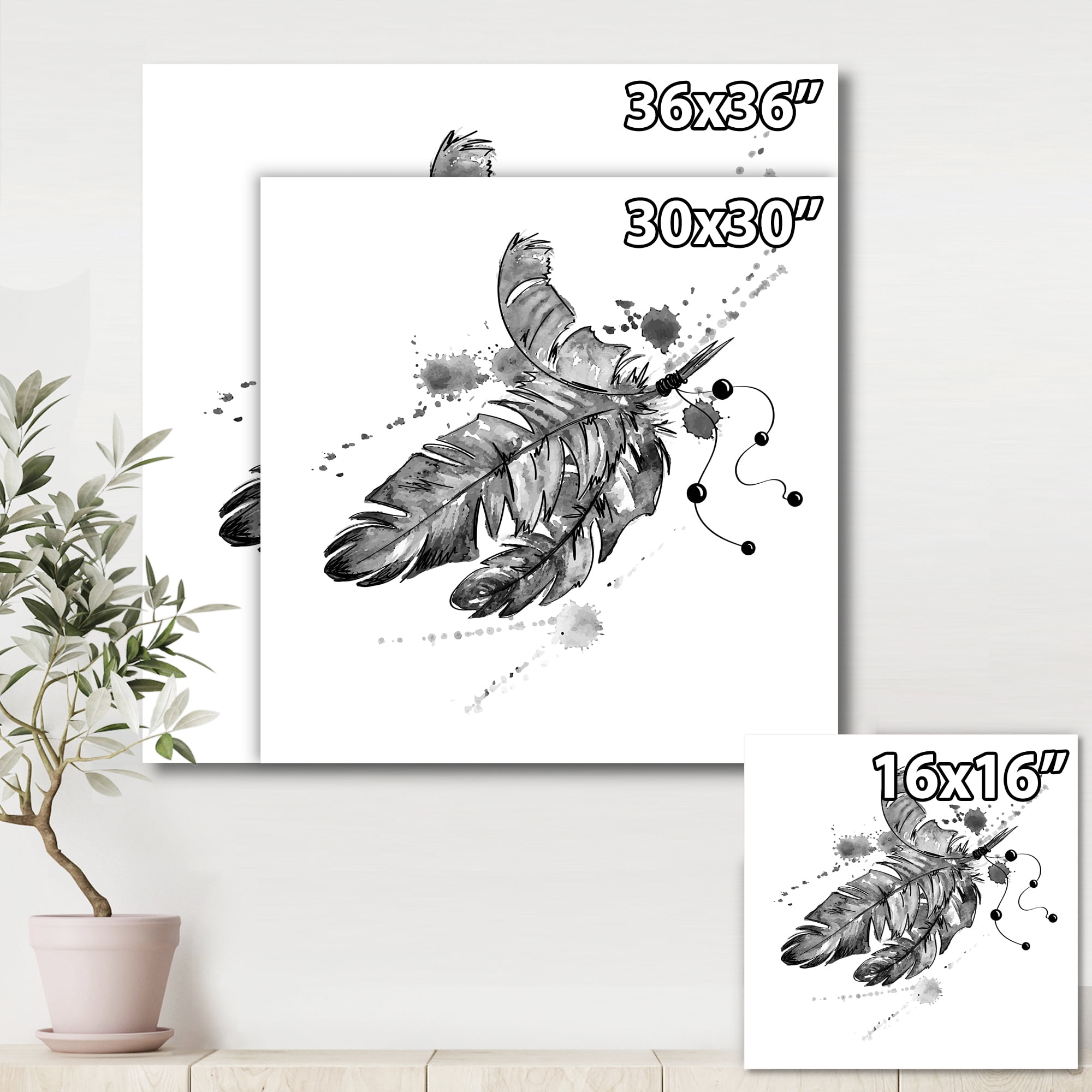 Designart ' Black and White Feathers Impression ' Traditional Canvas Wall Art Print