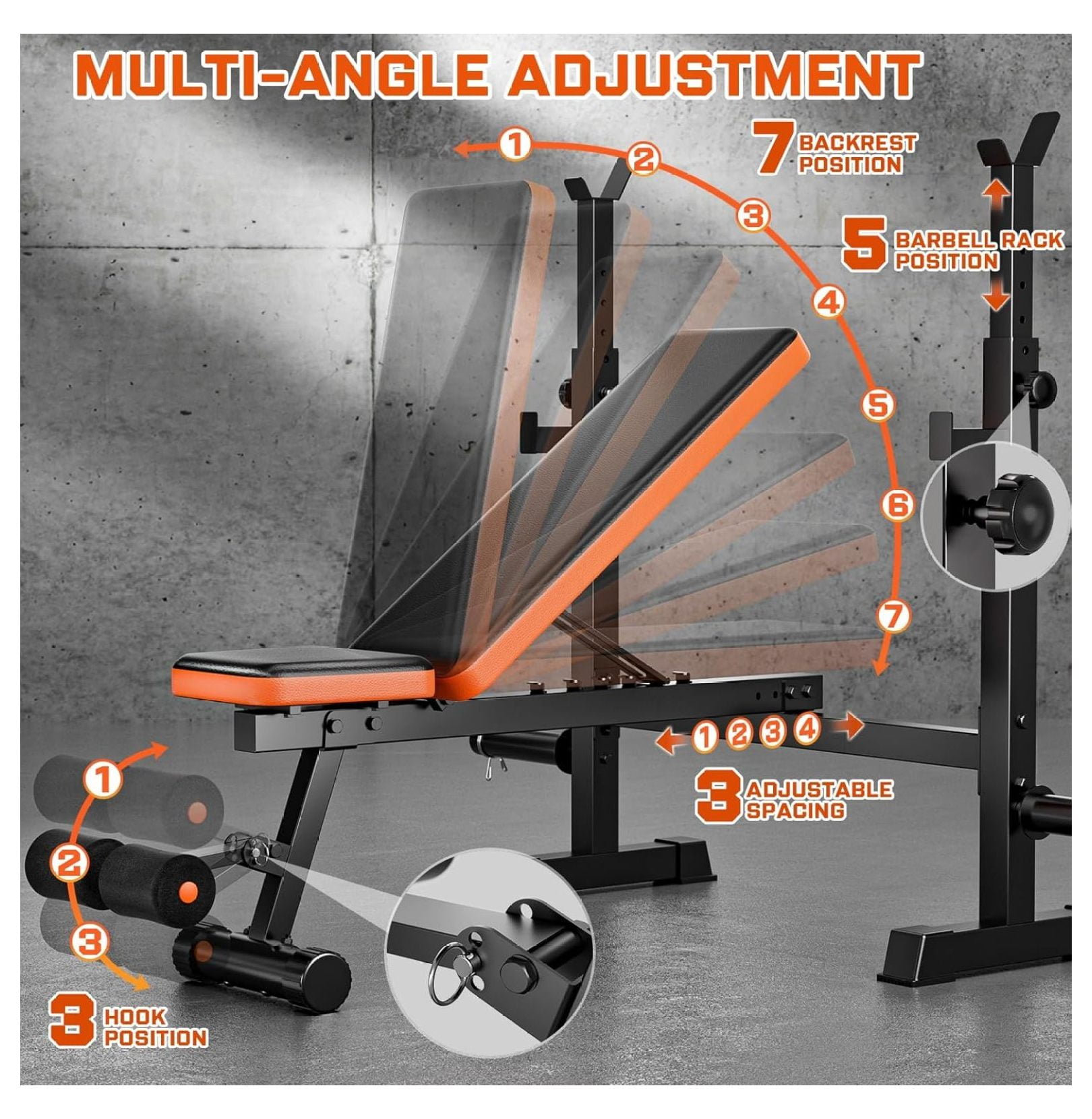 770lbs Weight Set with Squat Rack, 5 in 1 Workout Press With Removable Foot Catch, Adjustable Flat Incline Sit Up for Home Gym Full Body Strength Training