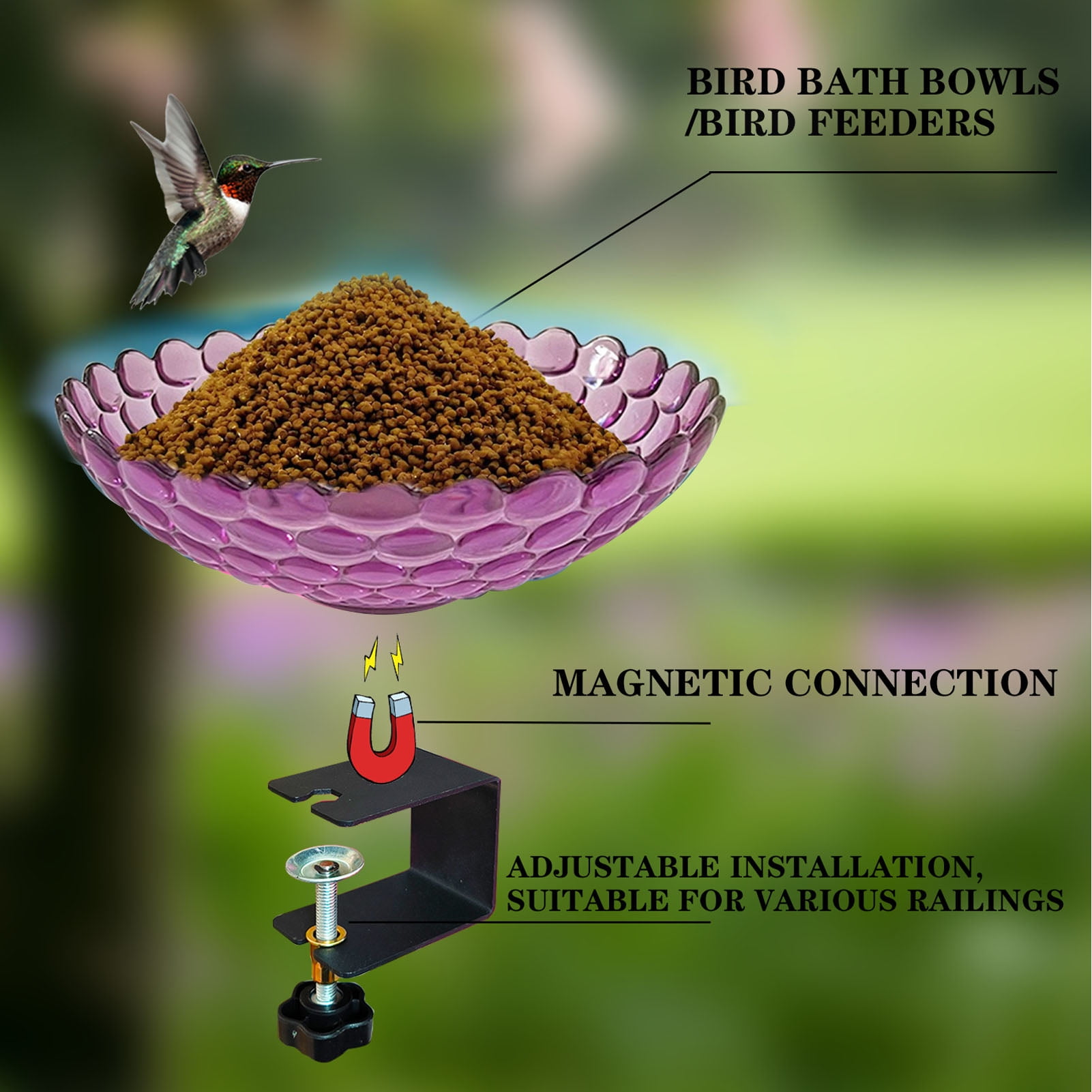 YAHHU Deck Mounted Bird Bath Plastic Detachable Bird Feeder Water Bowl with Adjustable Clamp for Fence Balcony Garden Yard Decor Purple 6.9x5.12 inches / 17.5x13 cm